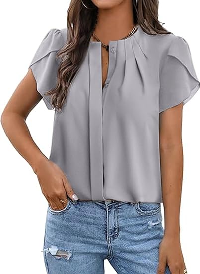 Dokotoo Womens Button Down Crew Neck Short Sleeve Shirts Business Casual Tops Loose Work Chiffon Blouses