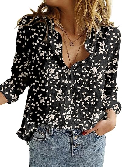 Women's Casual V Neck Alicia Floral Print Roll Up Long Sleeve Chiffon Button Down Blouses Bohemian Top Shirts